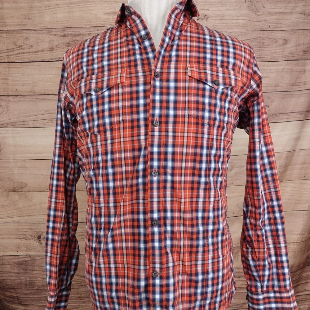 Banana‎ Republic Shirt Mens Large Red Plaid Button Up Slim Fit Stretch Casual